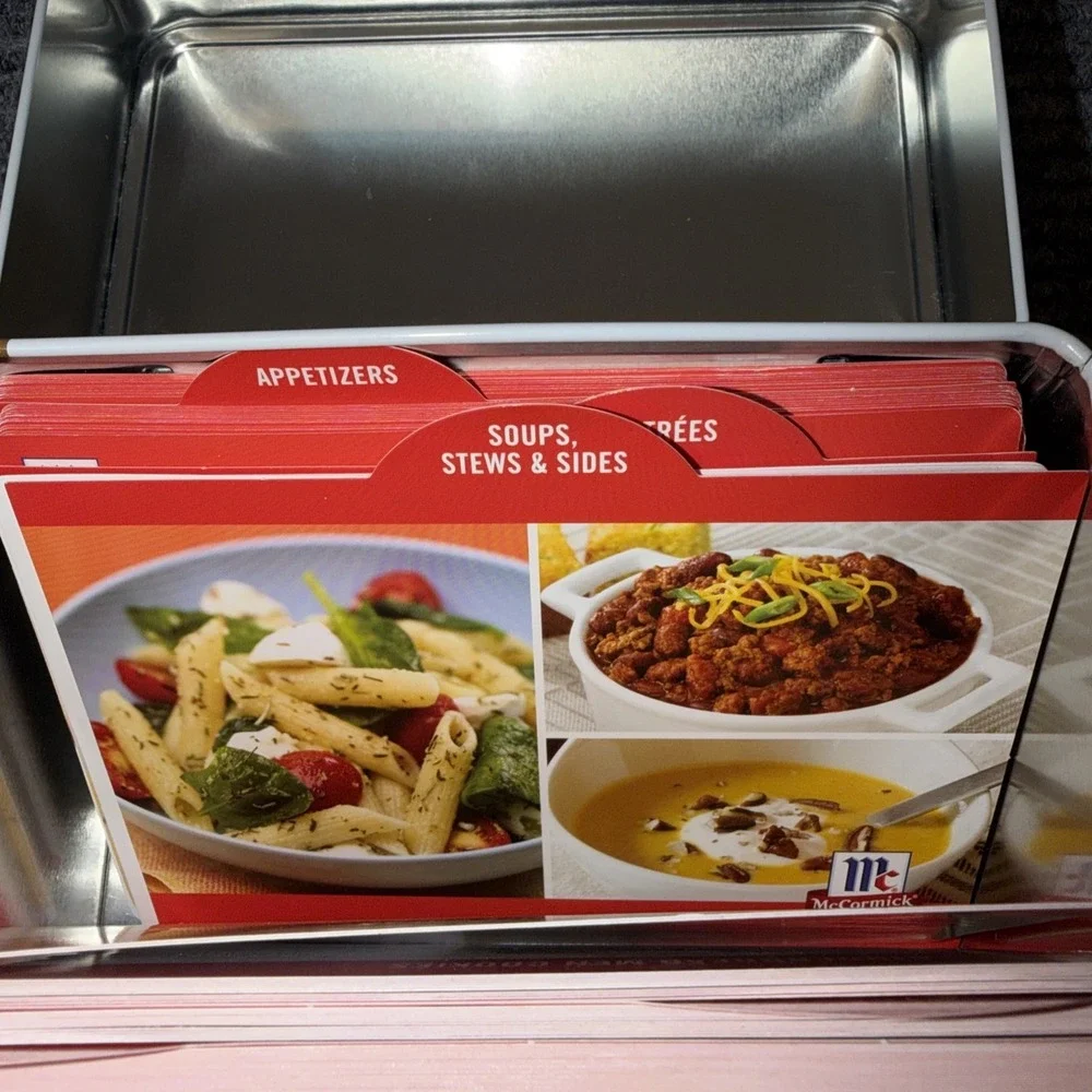 McCormick Red White Metal Recipe Box with Lid and Recipe Cards